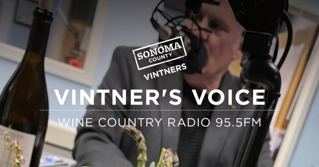 Sonoma County Vintners logo with Vintners Voice Wine Country Radio 95.5FM with Michael Haney sitting in a radio studio