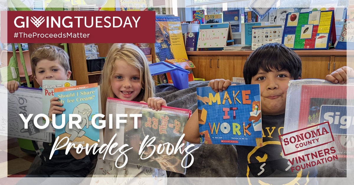 Sonoma County Vintners Foundation GivingTuesday children holding books and smiling