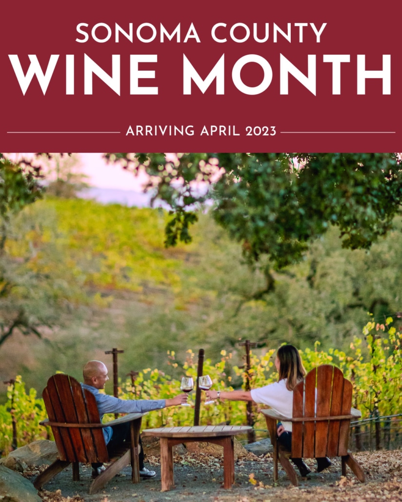 Sonoma County Wine Month red banner with two people sitting in outdoor chairs with glasses of wine