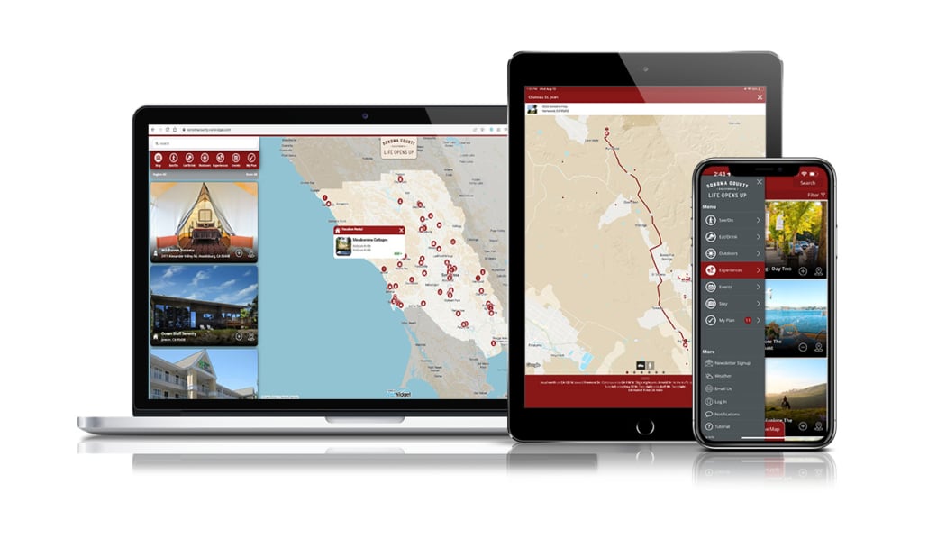 Sonoma County Tourism App display on several different devices