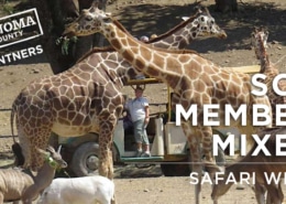 Man standing in a tram surrounded by giraffes with SCV Member Mixer Safari West