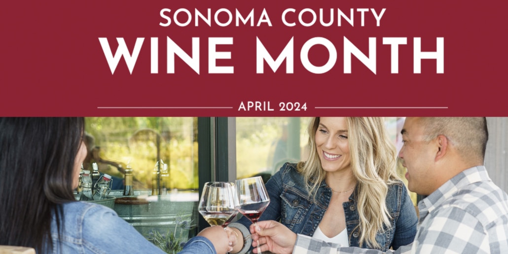 Sonoma County Wine Month logo with a close up of people in a wine glass cheers