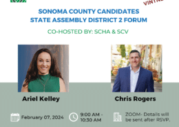 CA State Assembly District 2 Forum flyer with photos of Ariel Kelley & Chris Rogers