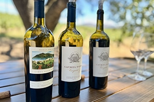Three bottles of Laurel Glen wines on a patio table